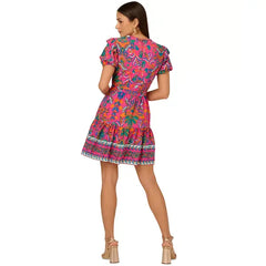 Adrianna Papell Women's Printed Puff Sleeve Mini Dress for a Trendy and Feminine Look, Hot Pink Multi
