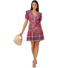 Adrianna Papell Women's Printed Puff Sleeve Mini Dress for a Trendy and Feminine Look, Hot Pink Multi