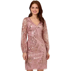Adrianna Papell Womens Sequin Embellished Blouson Sleeve Sheath Dress, Glamorous Style for Formal Occasions, Dusty Rose