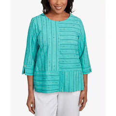 Alfred Dunner Women's Nantucket Spliced Jacquard Texture Crew Neck Top, Jade
