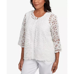Alfred Dunner Women's Estate of Mind Embellished Lace Two in One Crew Neck Top , Oyster
