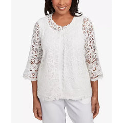 Alfred Dunner Women's Estate of Mind Embellished Lace Two in One Crew Neck Top , Oyster