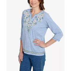 Alfred Dunner Women's Flower Power Embroidered Daisy Split Neckline Top, Blue