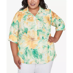 Alfred Dunner Plus Size Rise and Shine Watercolor Floral Tie Sleeve Button Down Top, Lime Multi