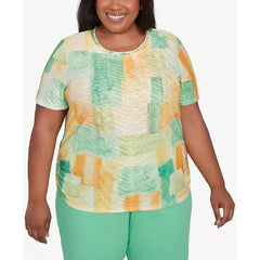 Alfred Dunner Plus Size Rise and Shine Textured Patch Short Sleeve Top, Lemon Multi
