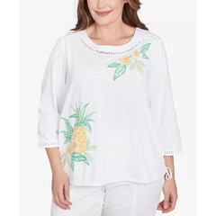 Alfred Dunner Plus Size Rise and Shine Embroidered Pineapple Top, Multi White