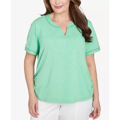 Alfred Dunner Plus Size Rise and Shine Dot Lace Trimmed Short Sleeve Top, Lime, Size 3X