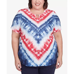 Alfred Dunner Plus Size Land of The Free Tie Dye American Chevron Top, Multi Red
