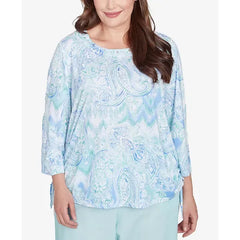Alfred Dunner Plus Size St. Thomas Island Mint Paisley Ruched Side Top, Mint Multi
