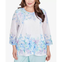 Alfred Dunner Plus Size St. Thomas Textured Sky Blue Floral Border Top, Sky Blue Multi
