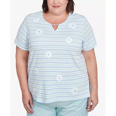 Alfred Dunner Plus Size St. Thomas Embroidered Daisy Striped Top, Mint Multi