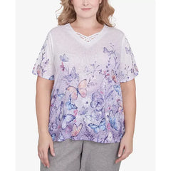 Alfred Dunner Plus Size Crystal Springs Criss Cross Ombre Butterfly Top, Lilac