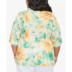 Alfred Dunner Plus Size Rise and Shine Watercolor Floral Tie Sleeve Button Down Top, Lime Multi