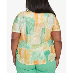 Alfred Dunner Plus Size Rise and Shine Textured Patch Short Sleeve Top, Lemon Multi