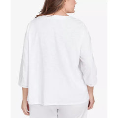 Alfred Dunner Plus Size Rise and Shine Embroidered Pineapple Top, Multi White