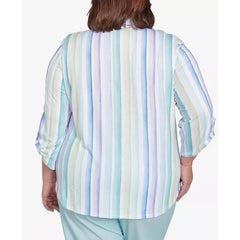 Alfred Dunner Plus Size St. Thomas Island Mint Stripe Knit Button Front Top, Mint Multi