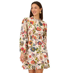 Adrianna Papell Womens Ruffled Floral Fit and Flare Dress, Feminine Style for Special Occasions, Ivory Multi