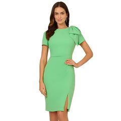 Adrianna Papell Womens Pleated Bow Shoulder Slit Front Dress, Elegant Special Occasion Outfit