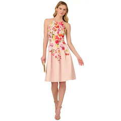 Adrianna Papell Womens Floral Print Pleated Fit and Flare Halter Dress, Elegant Summer Style for Special Occasions, Champagne Multi