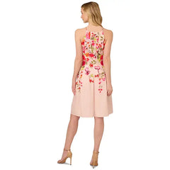 Adrianna Papell Womens Floral Print Pleated Fit and Flare Halter Dress, Elegant Summer Style for Special Occasions, Champagne Multi