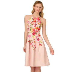 Adrianna Papell Womens Floral Print Pleated Fit and Flare Halter Dress, Elegant Summer Style for Special Occasions, Champagne Multi