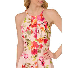 Adrianna Papell Womens Floral Print Pleated Fit and Flare Halter Dress, Elegant Summer Style for Special Occasions, Champagne Multi