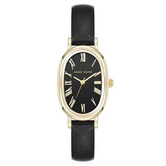 Anne Klein Womens Quartz Oval Black Polyurethane Leather and Gold Tone Metal Alloy Watch, 23mm