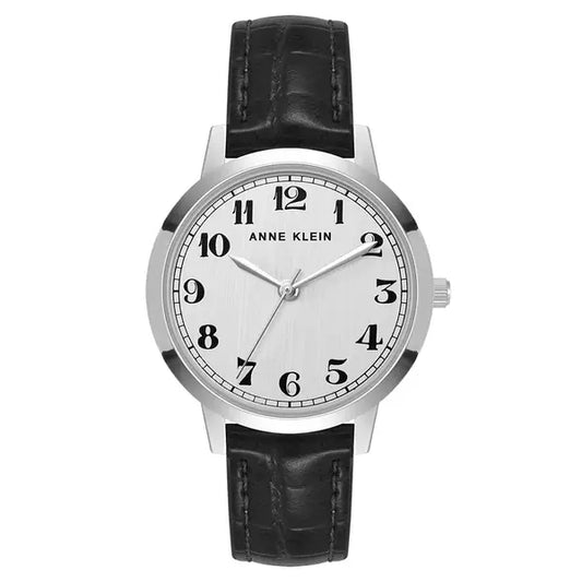 Anne Klein Womens Quartz Black Polyurethane Leather and Silver Tone Watch, 34mm