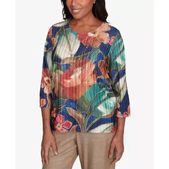 Alfred Dunner Women's Summer Solstice Dramatic Summer Floral Crew Neck Top, Navy Multi
