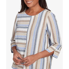 Alfred Dunner Women's Summer Solstice Spliced Stripe Button Shoulder Top, Neutral Multi