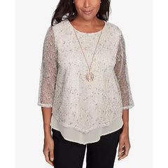 Alfred Dunner Women's Natural Instinct Popcorn Mesh Speckled Crew Neck Top, Tan