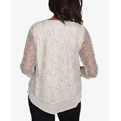 Alfred Dunner Women's Natural Instinct Popcorn Mesh Speckled Crew Neck Top, Tan