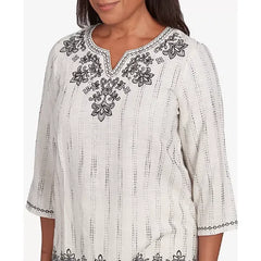 Alfred Dunner Women's Natural Instinct Textured Medallion Embroidered Top, Black Multi