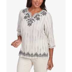 Alfred Dunner Women's Natural Instinct Textured Medallion Embroidered Top, Black Multi