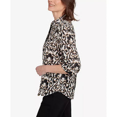 Alfred Dunner Women's Natural Instinct Medallion Twin Print Button Front Top, Black Multi