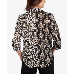 Alfred Dunner Women's Natural Instinct Medallion Twin Print Button Front Top, Black Multi