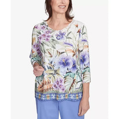 Alfred Dunner Women's Santa Fe Tropical Floral Border Crew Neck Top, Aloe Multi