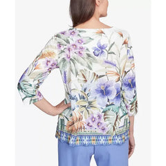 Alfred Dunner Women's Santa Fe Tropical Floral Border Crew Neck Top, Aloe Multi