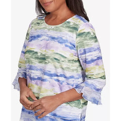 Alfred Dunner Women's Santa Fe Watercolor Biadere Striped Top, Iris Multi