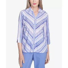 Alfred Dunner Women's Santa Fe Mitered Iris Stripe Button Down Top, Iris
