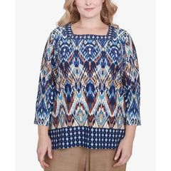 Alfred Dunner Plus Size Summer Solstice Ikat Diamond Border Square Neck Top, Navy Multi