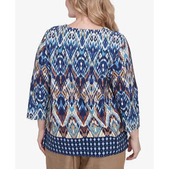 Alfred Dunner Plus Size Summer Solstice Ikat Diamond Border Square Neck Top, Navy Multi