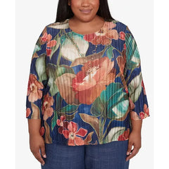Alfred Dunner Plus Size Summer Solstice Dramatic Summer Floral Top with Necklace, Navy Multi