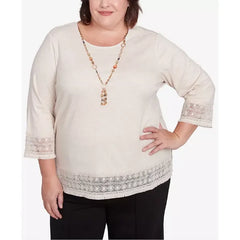 Alfred Dunner Plus Size Summer Solstice Lace Trimmed Knit Top with Necklace, Oatmeal