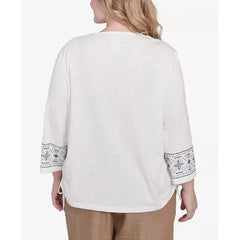 Alfred Dunner Plus Size Summer Solstice Linear Embroidered Tie Sleeve Top, Linen