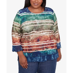Alfred Dunner Plus Size Summer Solstice Tie Dye Striped Biadere Crew Neck Top, Navy Multi