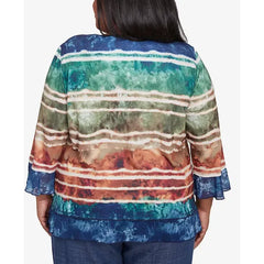 Alfred Dunner Plus Size Summer Solstice Tie Dye Striped Biadere Crew Neck Top, Navy Multi