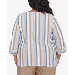 Alfred Dunner Plus Size Summer Solstice Spliced Stripe Button Shoulder Crew Neck Top, Neutral Multi