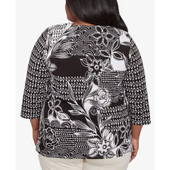 Alfred Dunner Plus Size Natural Instinct Monotone Patch Beaded Split Neck Top, Black Multi