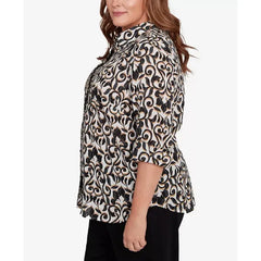 Alfred Dunner Plus Size Natural Instinct Medallion Twin Print Button Front Top , Black Multi